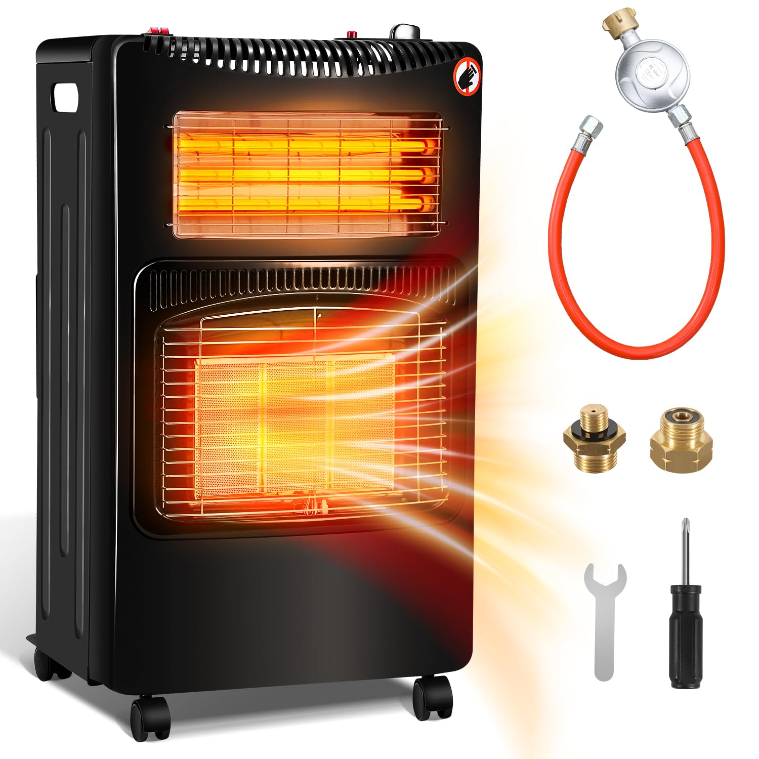 Riscaldamento a gas per interni, 4,2 kw + 1,26 kW, 3 livelli di riscaldamento, per bombole fino a 15 kg, con regolatore e adattatore