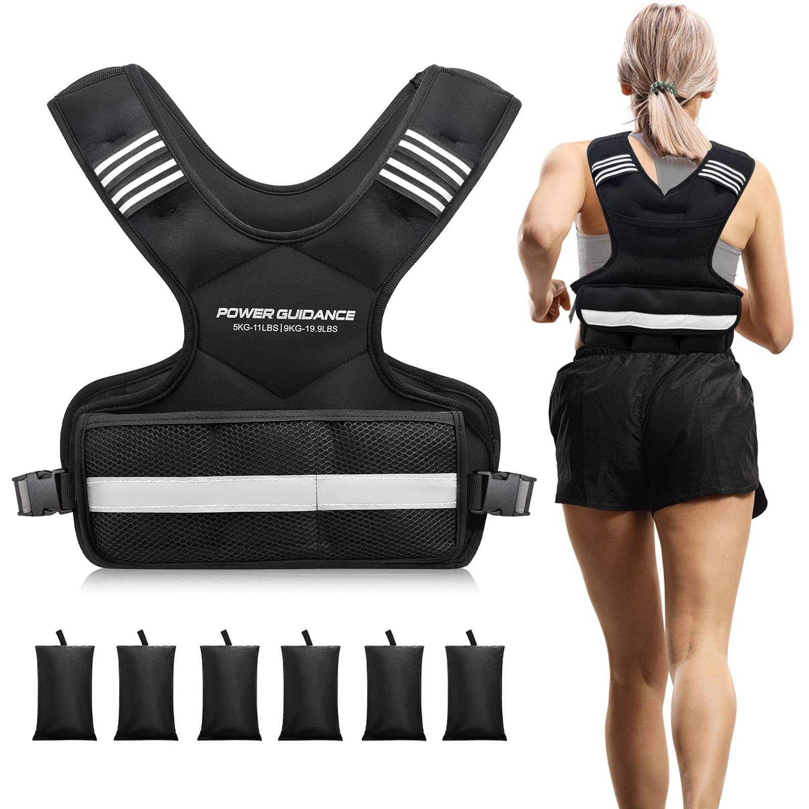 POWER GUIDANCE Verstellbare Gewichtsweste Weighted Vest, 5-9KG / 9-14.4KG Gewichtswesten mit Reflektierenden Streifen für Mann und Frau, Laufweste & Trainingsweste für Krafttraining & Aerobic-Übungen