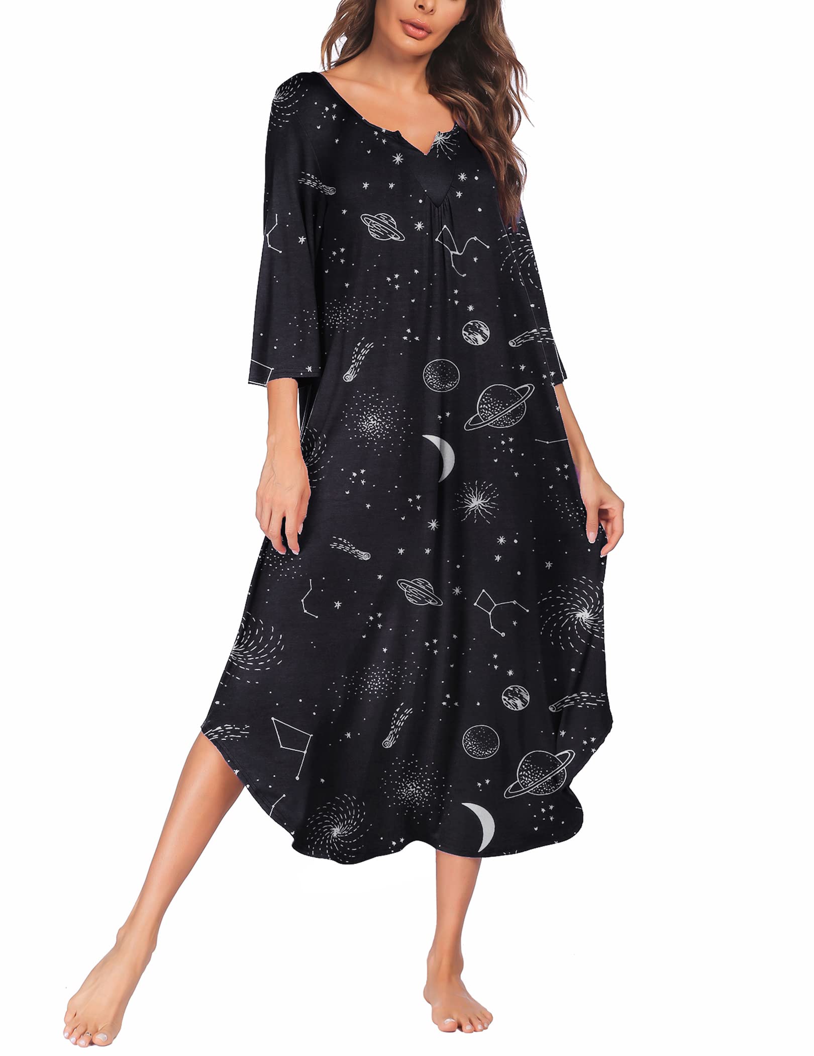 Ekouaer Long Nightgown for Women 3/4 Sleeves Nightshirt Maxi Sleep Dress Plus Size Loungewear Full Length Sleepwear