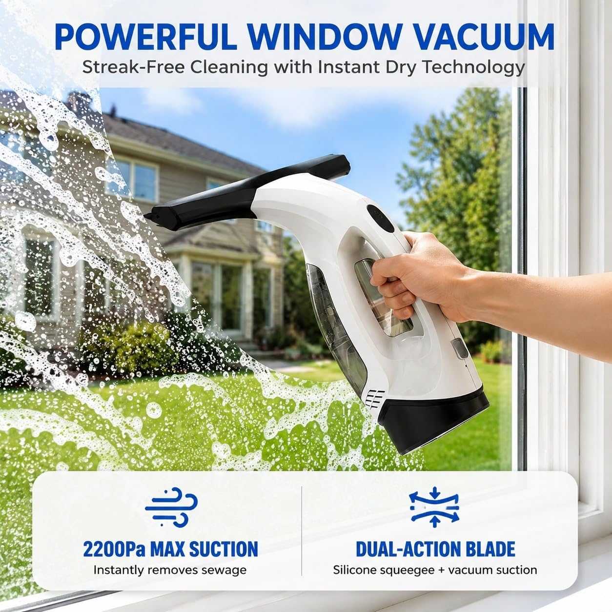 Lavavetri Elettrico Senza Fili, Pulitore Vetri con Aspirazione Acqua 2200mAh, Tergivetro Ricaricabile Anti-Aloni, Per Finestre, Bagno, Auto e Superfici Lisce