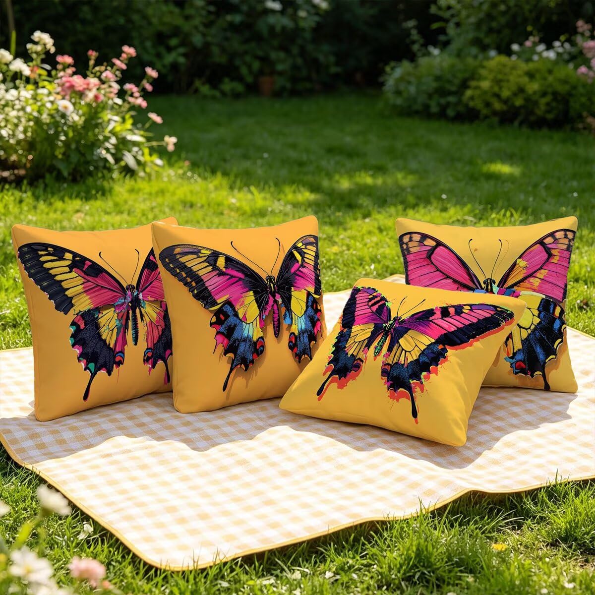 Federe Cuscino Divano 60x60, Giallo Cuscini per Divano da Esterno Set da 4, Lino Copricuscini Divanos Impermeabile, Copri Cuscini Farfalla Motivo Fronte Retro Stampato per Giardino, Sofá, Balcón, F-69