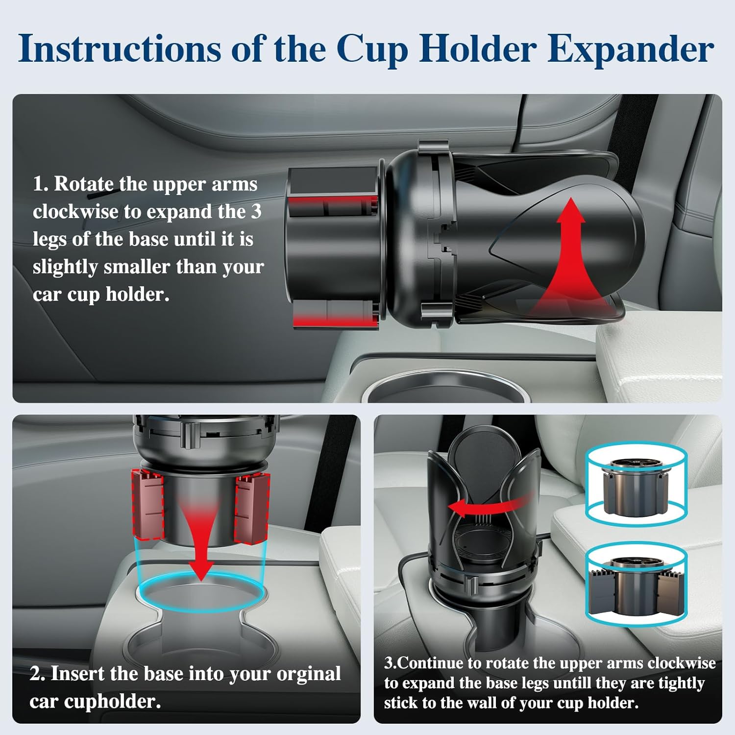Car Cup Holder Expander, Cup Holder Extender Adapter with Expandable Arm and Adjustable Base, Compatible with Yeti Ramblers 14-64oz, Hydro Flasks 18-64oz Most Coffee Mugs Bottles & Cups - Image 6