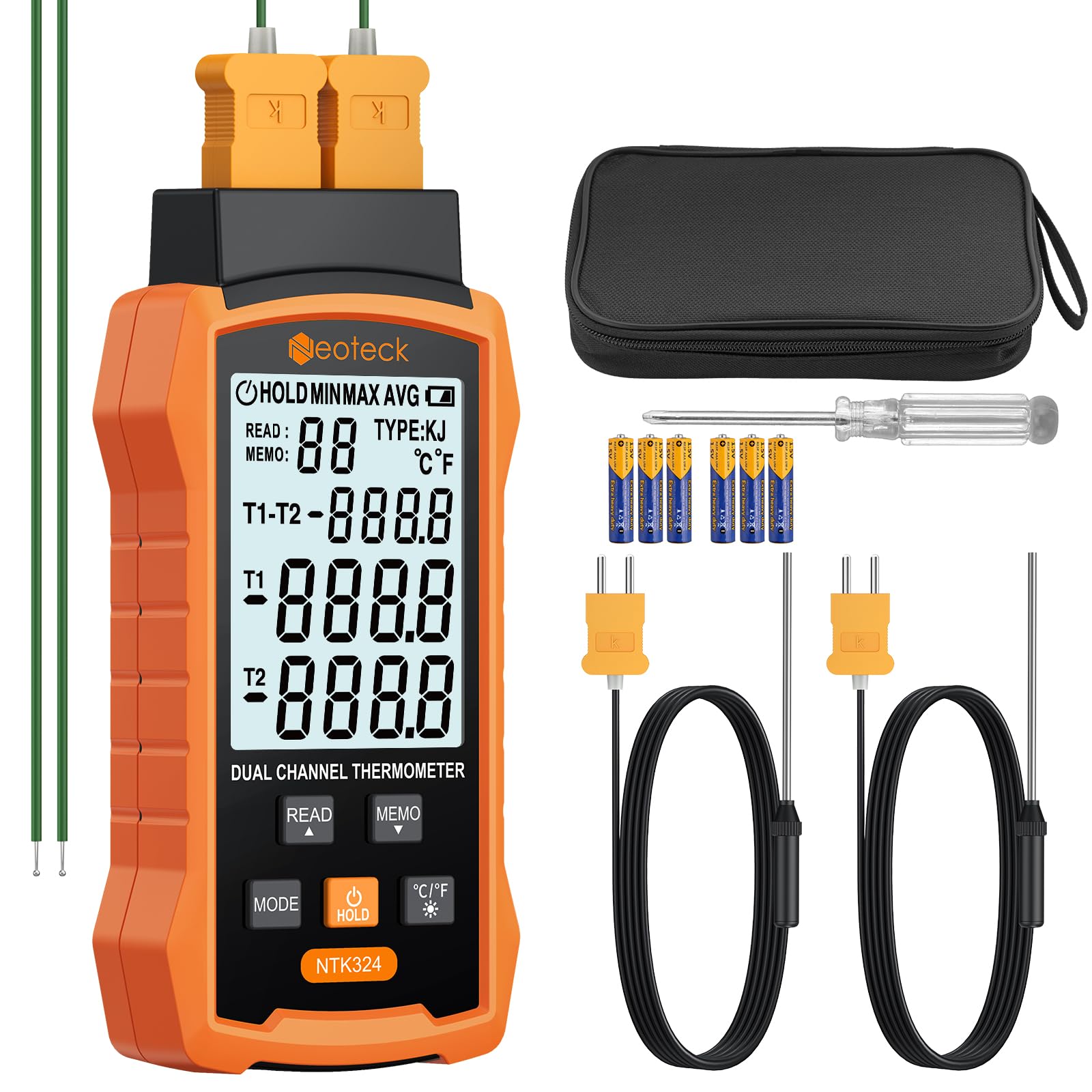 Neoteck Termometro a Termocoppia Digitale Tipo K J a 2 Canali -50~1300℃ con 4 Sonde e Memorizzazione di 99 Dati, Display LCD Retroilluminato per HVAC, Industria, Laboratorio, Forno, Frigorifero