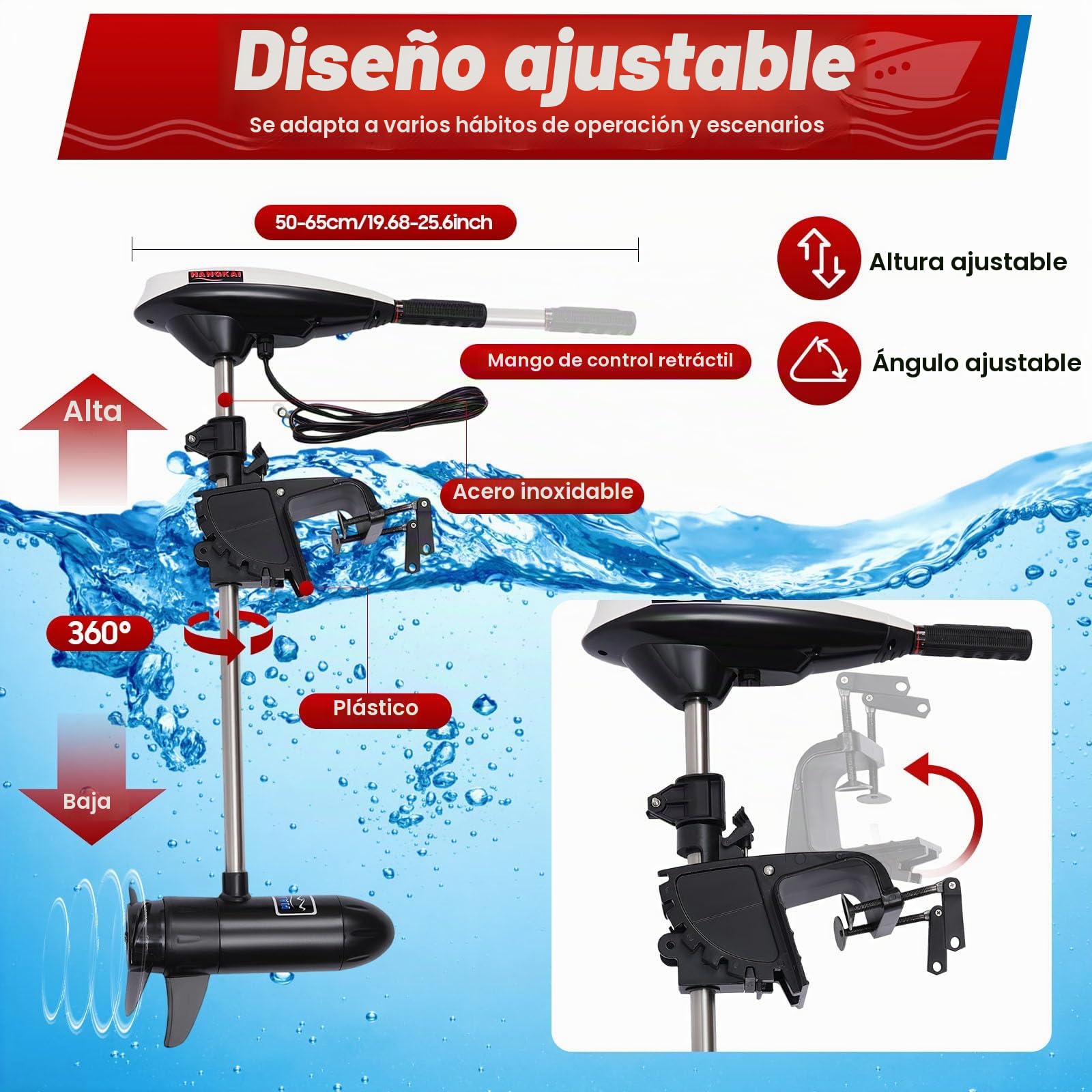 80LBS Motor fueraborda eléctrico de 12 V, motor de barco eléctrico con 5 marchas adelante y 2 marcha atrás, altura ajustable, motor de cobre puro para kayaks, canoas, botes inflables