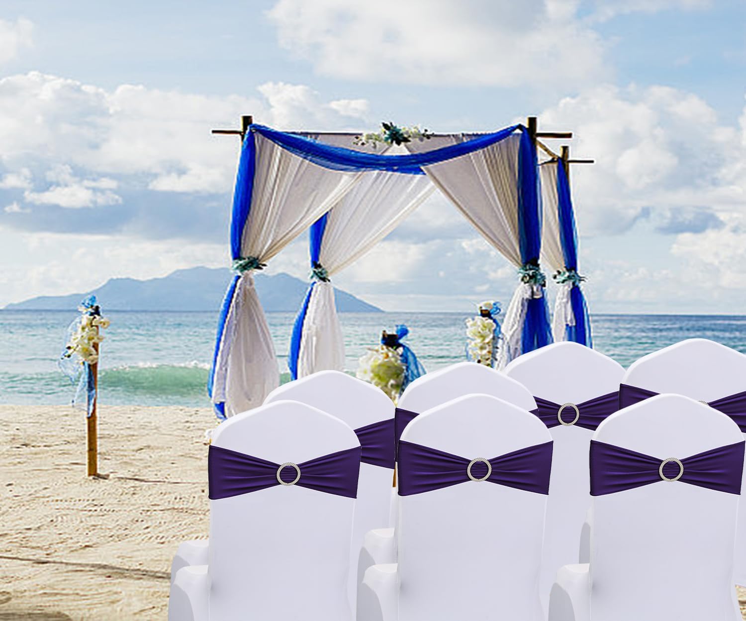 Purple Chair Sashes Bows - 50PCS Stretch Spandex Chair Sashes Bands with Buckles Slider Universal Elastic Chair Ties for Wedding Party Banquet Baby Shower Events Decoration