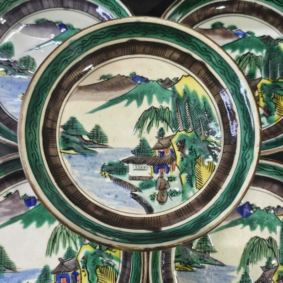 九谷 青手小皿 富士山水人物図 手描き 幕末骨董 古美術 蒐集家放出