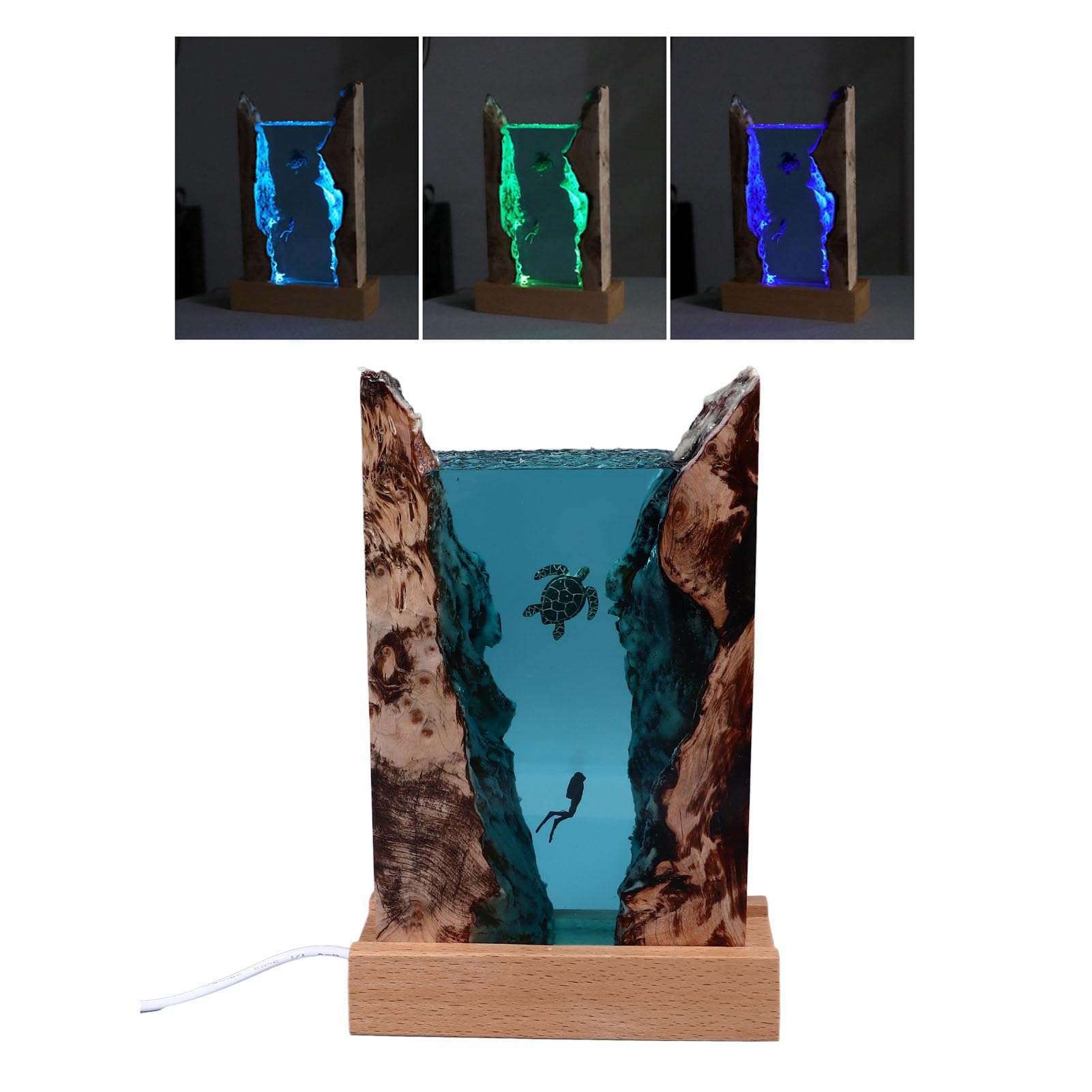 YWBL-WH Luce Notturna in Resina Lampada da Tavolo a LED Oceano Base in Legno Massello Alimentata Tramite USB 5V Design Traslucido a Grotta Bagliore a Risparmio Energetico per Scrivania da Camera da