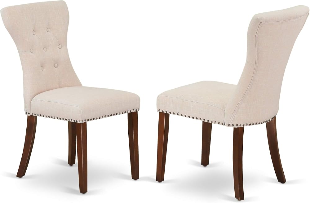 East West Furniture ESGA3-MAH-32 3 Piece Dining Table Set for Small Spaces Contains a Round Wooden Table with Pedestal and 2 Light Beige Linen Fabric Parson Chairs, 30x30 Inch, Mahogany