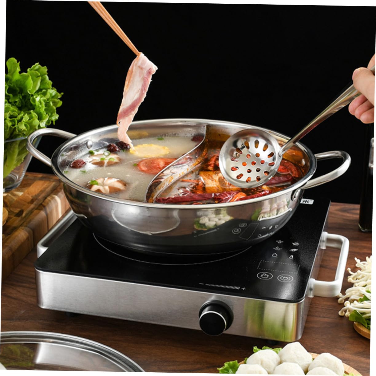 Toyvian Marmite à Fondue Chinoise Inox 32 Cm Double Saveur Avec Passoire En Acier Inoxydable, Compatible Gaz Et Induction, Batterie Cuisine Pour Repas Convivial En Intérieur, Ensemble 4 Pièces