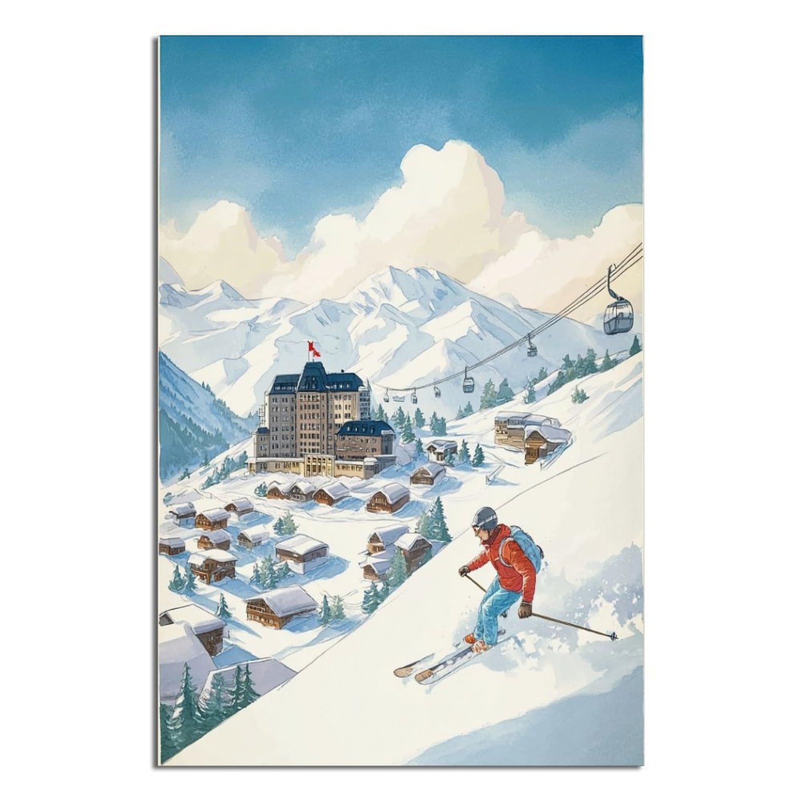 CFXNGA Gstaad Switzerland Ski Poster 20x30inch(50x75cm) Vintage Watercolor Canvas Art