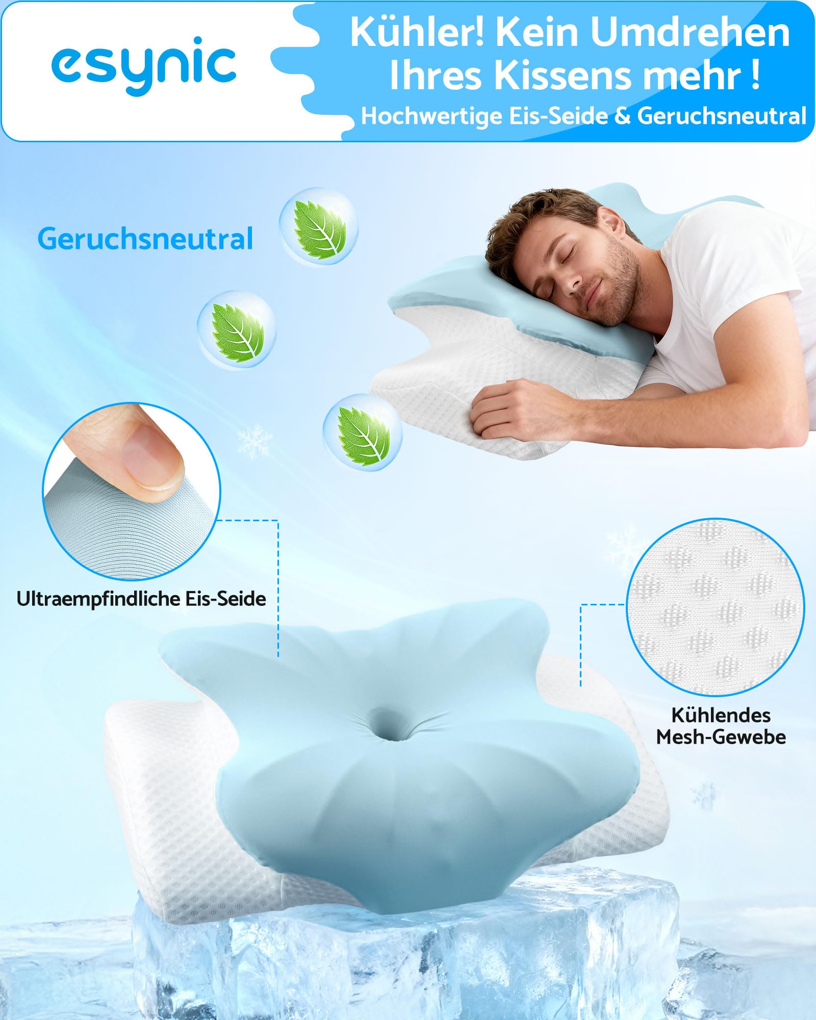 eSynic Nackenkissen Memory Foam Kissen Nackenhörnchen Ergonomisches Kopfkissen Nackenstützkisse Pillow Kissen mit Waschbarem Cooling Ice Silk Bezug für Seiten Rücken & Bauchschläfer