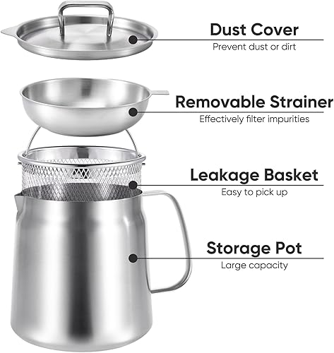 Miniatura 3 de Recipiente de aceite de acero inoxidable 304 de 68 oz2 L, olla de filtro de aceite de cocina con filtro de malla, recipiente de grasa con tapa para