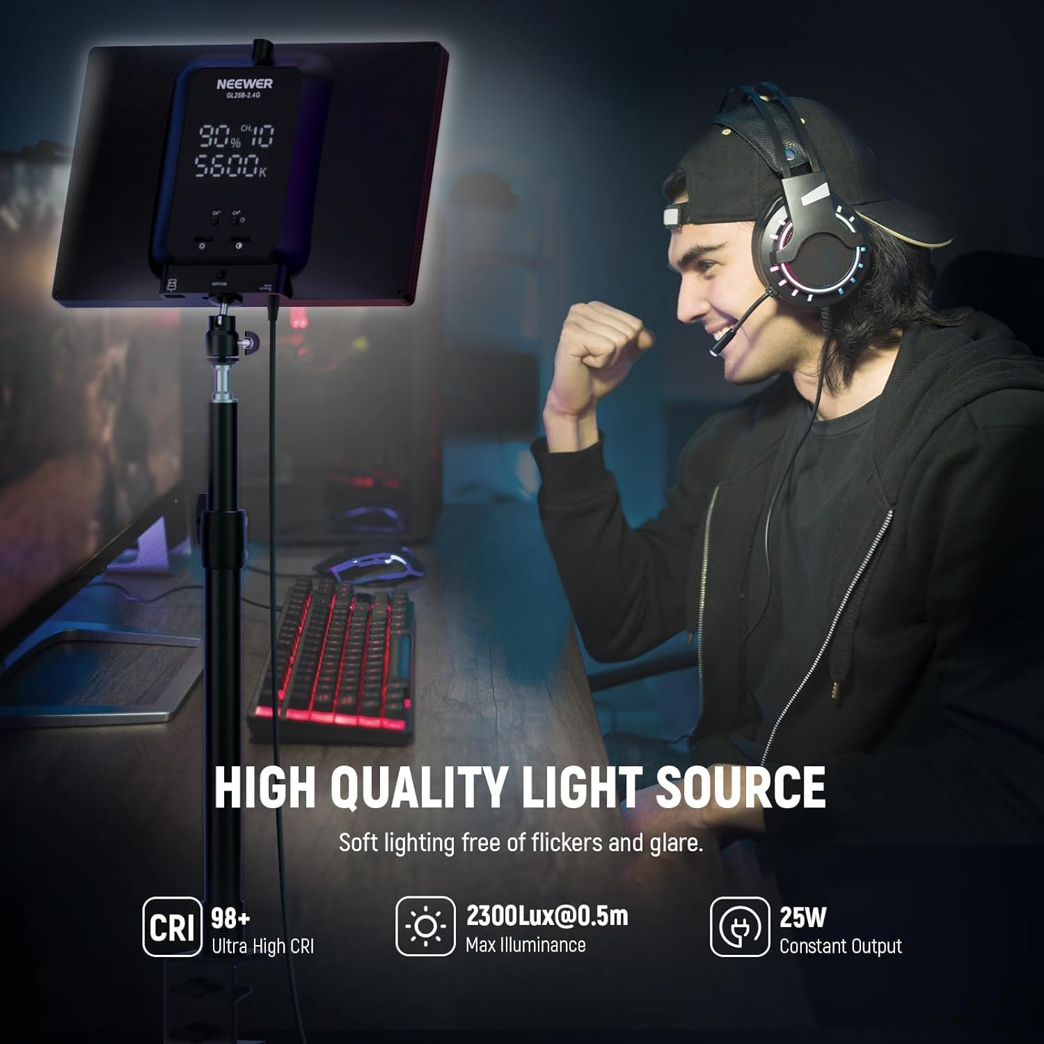NEEWER 25W 12,9" Key Light Streaming con Supporto Tavolo/Remoto 2.4G/Trasmettitore USB Controllo APP PC/Mac 2300Lx/0,5m 2900-7000K CRI98+ Pannello Luce Video Dimmerabile per Webcam Laptop Zoom,GL25B