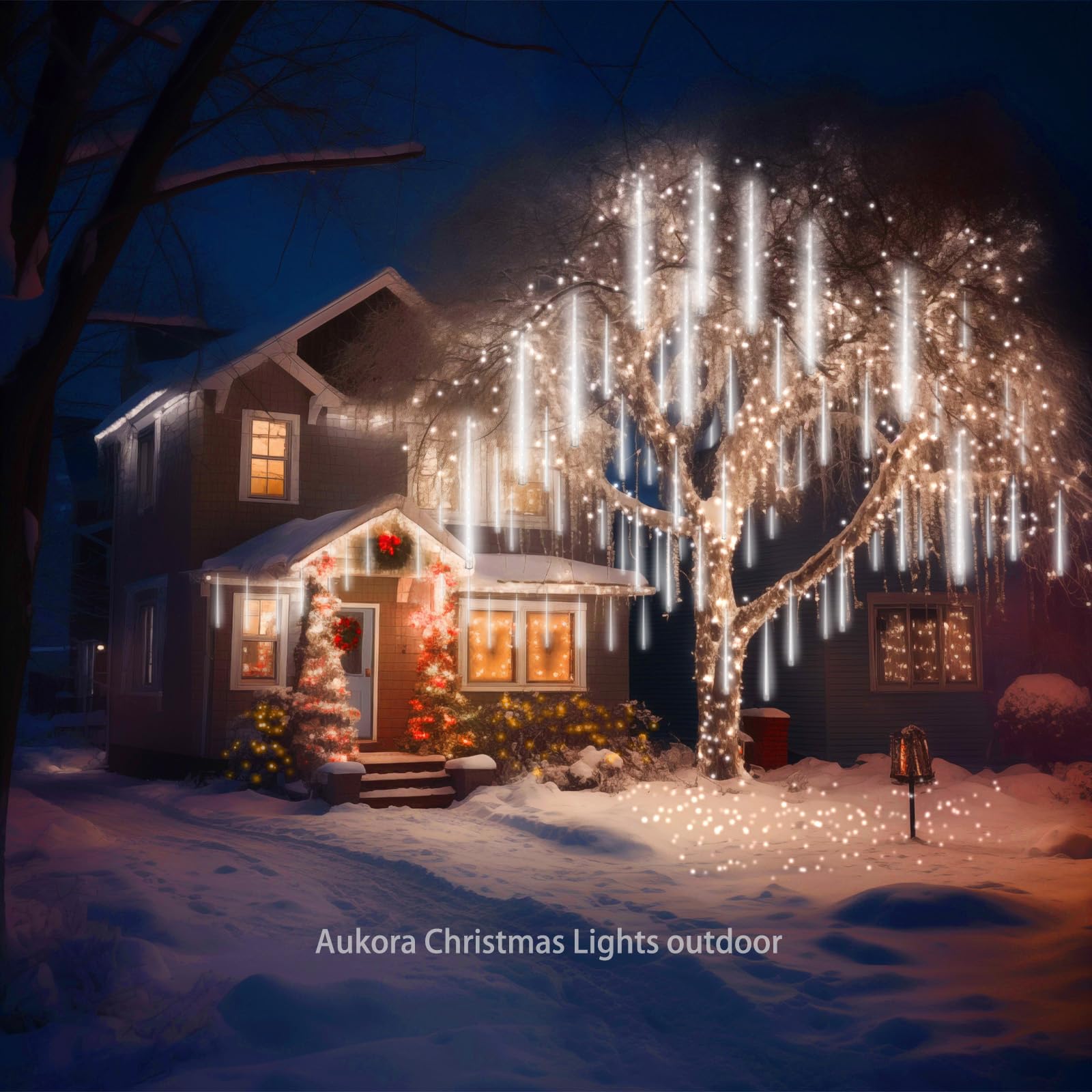 Aukora - Luces blancas de Navidad para exteriores, enchufe UL, 24 tubos 576 LED, luz de lluvia de meteoros, carámbano en tandemable, luz de lluvia para árbol de Navidad, Halloween, decoraciones de