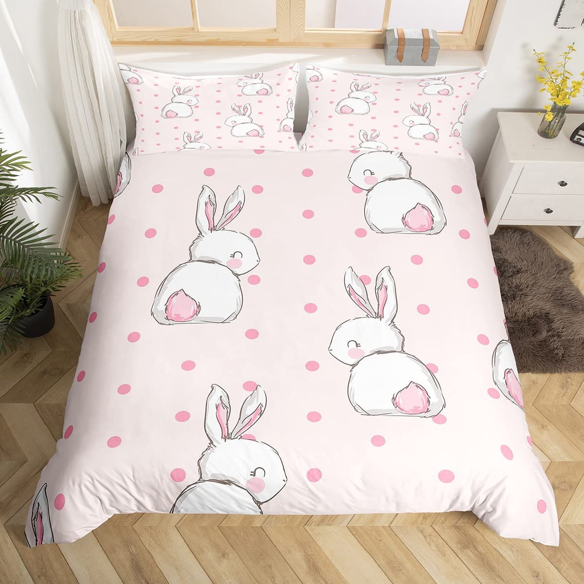 Homemissing Cute Rabbit Comforter Cover Set Cartoon Bunny Duvet Cover for Kids Boys Girls Lovely Little Dots Rabbit Bedding Set Girly Pink 2Pcs Junior/Cot Bed Size Boys โ image 1