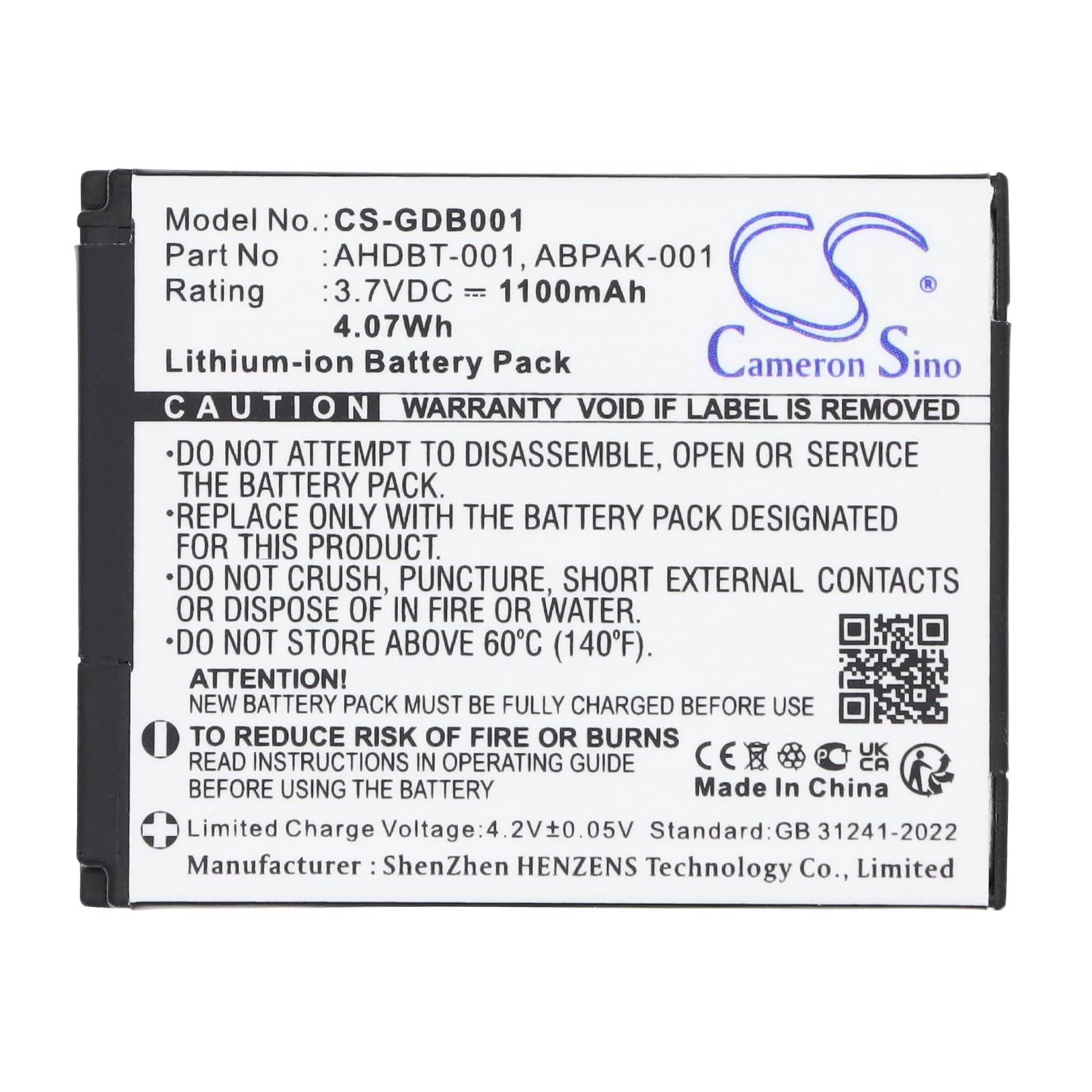 Batteria per GoPro HD Hero 2, 3.7V, 1100mAh, Li-ion