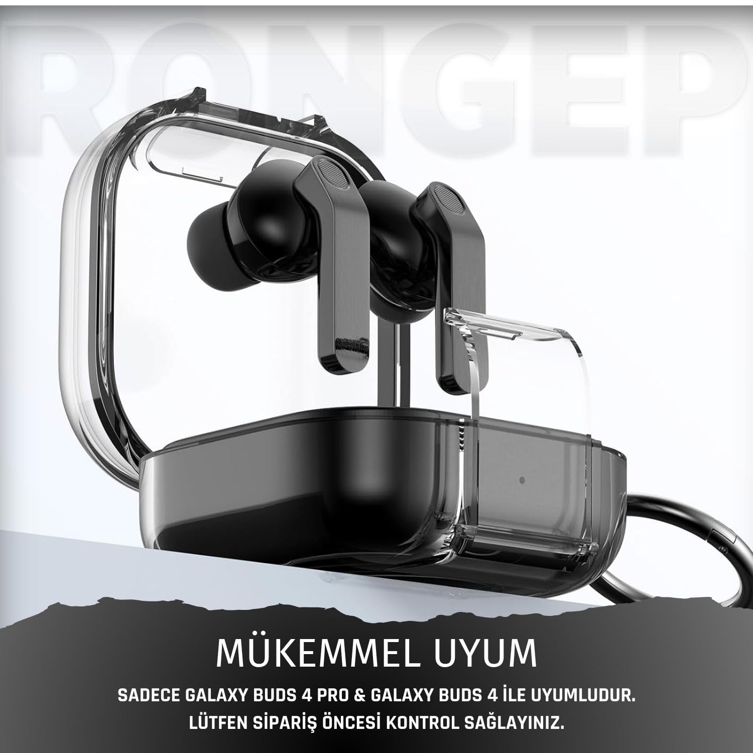 Rongep Samsung Galaxy Buds4 Pro/Buds 4 için Kılıf [Güvenlik Kilit Tasarımlı] Transparent-Lock Kulaklık Kılıfı Sararmaya Dayanıklı Taşıma Askılı TPU Koruyucu Samsung Buds 4 Pro Kılıf (Şeffaf-Siyah)