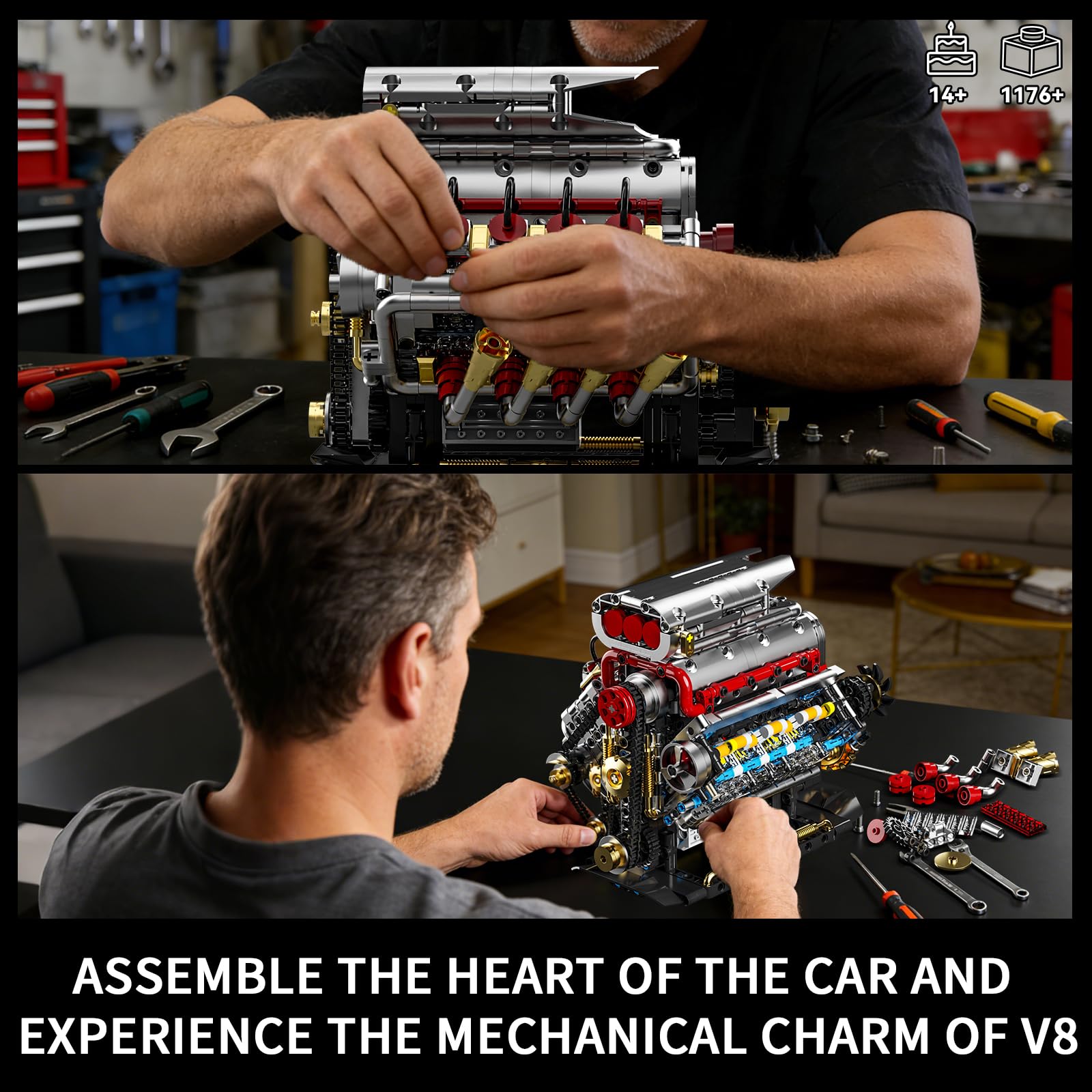 Juego de bloques de construcción de motor Technik V8, Ideas V8, juego propio para adultos, compatible con Lego, STEM, juguete regalo para fans de coches y niños a partir de 14 años (1176 piezas)