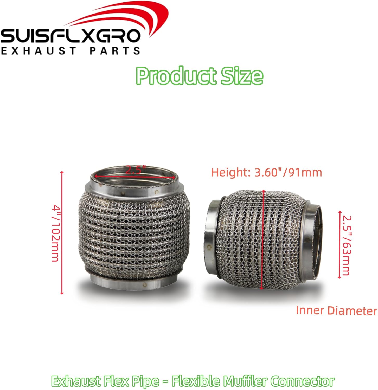 Exhaust Flex Pipe (Wire Mesh + Interlock Lining Type) 100% Stainless SS304 OEM-Grade For Heavy Duty and Cars (1 PC, 2.5X4)