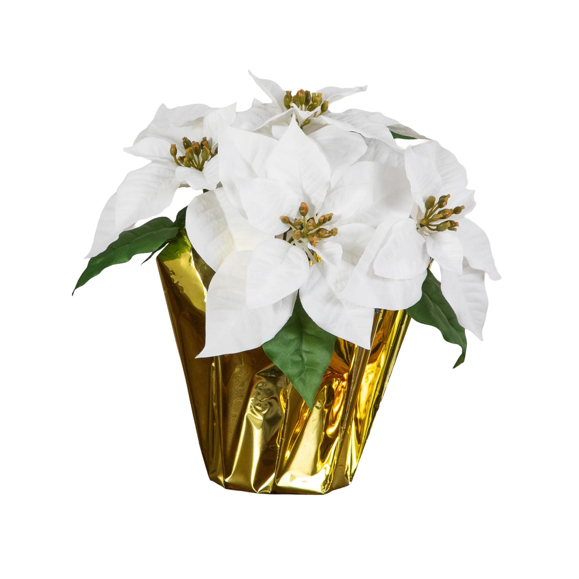 Nearly Natural 13in. White Poinsettia in Gold Planter, Holiday Decor