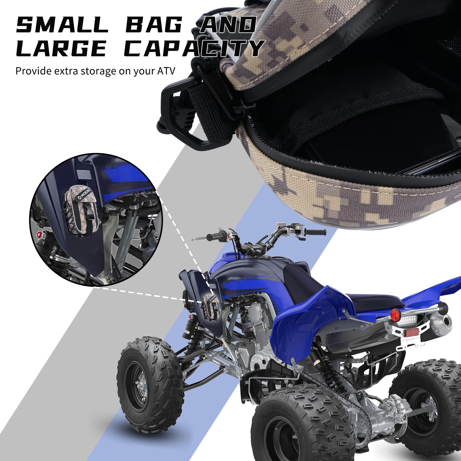NICECNC Borsa portaoggetti per parafanghi ATV, in tessuto PVC, con striscia riflettente, impermeabile, con cerniera, Compatible with Raptor 700 ATV (mimetico)