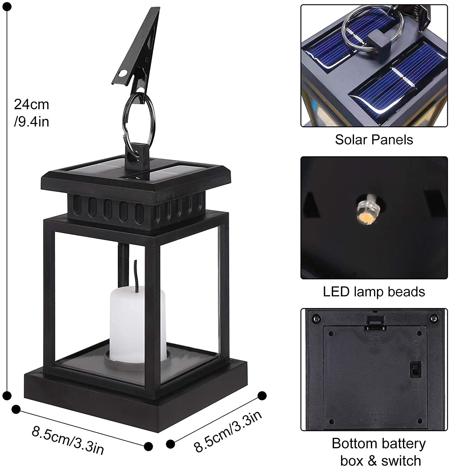 4 lanterne solari per esterni con candela a LED, lanterna solare a LED, per esterni, da appendere, effetto tremolante, lanterna solare a LED con candele, lampade decorative per giardino, terrazza
