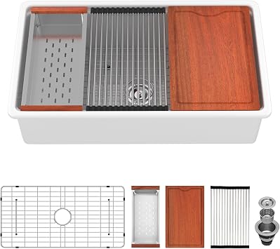 33x19 Inch White Undermount/Drop In Kitchen Sink Fireclay Porcelain White Ceramic Single Bowl Sinks, Round Corner 33"x19"x10", LOF-LWFSU3319
