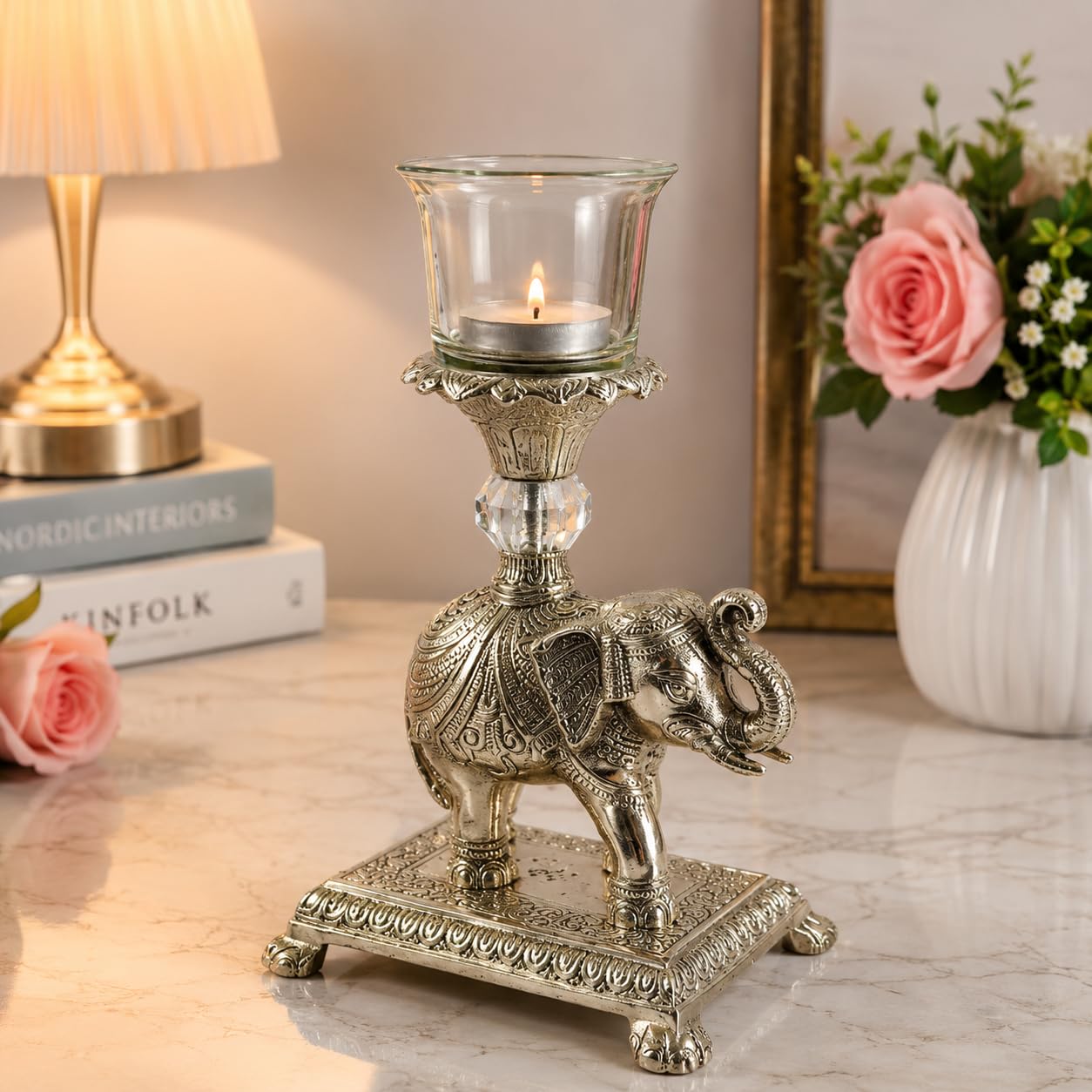 eCraftIndia Antique Silver Finish Elephant Tealight Candle Holder Showpiece for Home Decor | Decorative Metal Elephant Candle Stand with Glass Votive Holder | Living Room & Festive Decoration-image-30