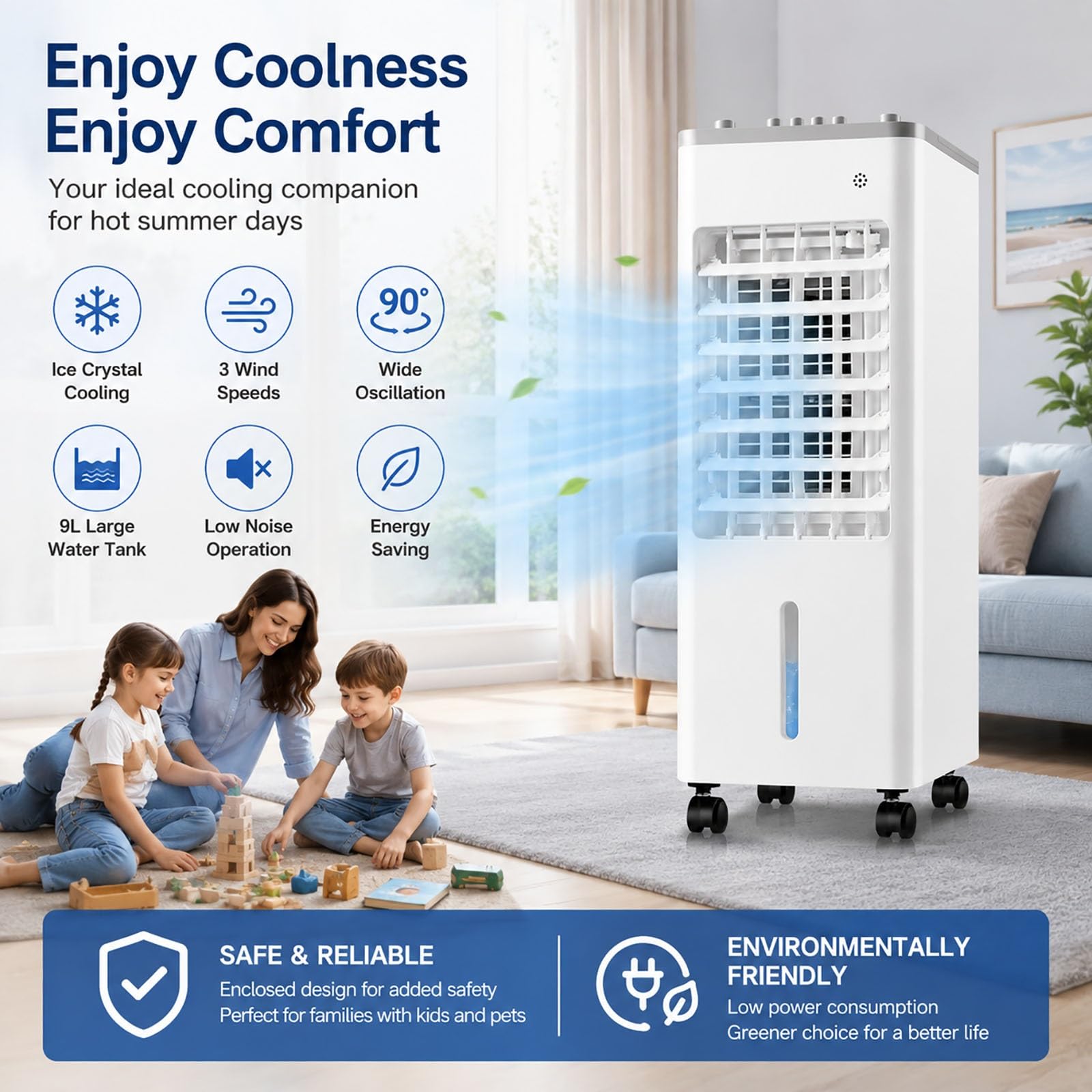 Climatizador Evaporativo 9L, Aire Acondicionado Portátil sin Tubo con Perillas Mecánicas, 90° Oscilación, 4 Acumuladores de Hielo para Hogar