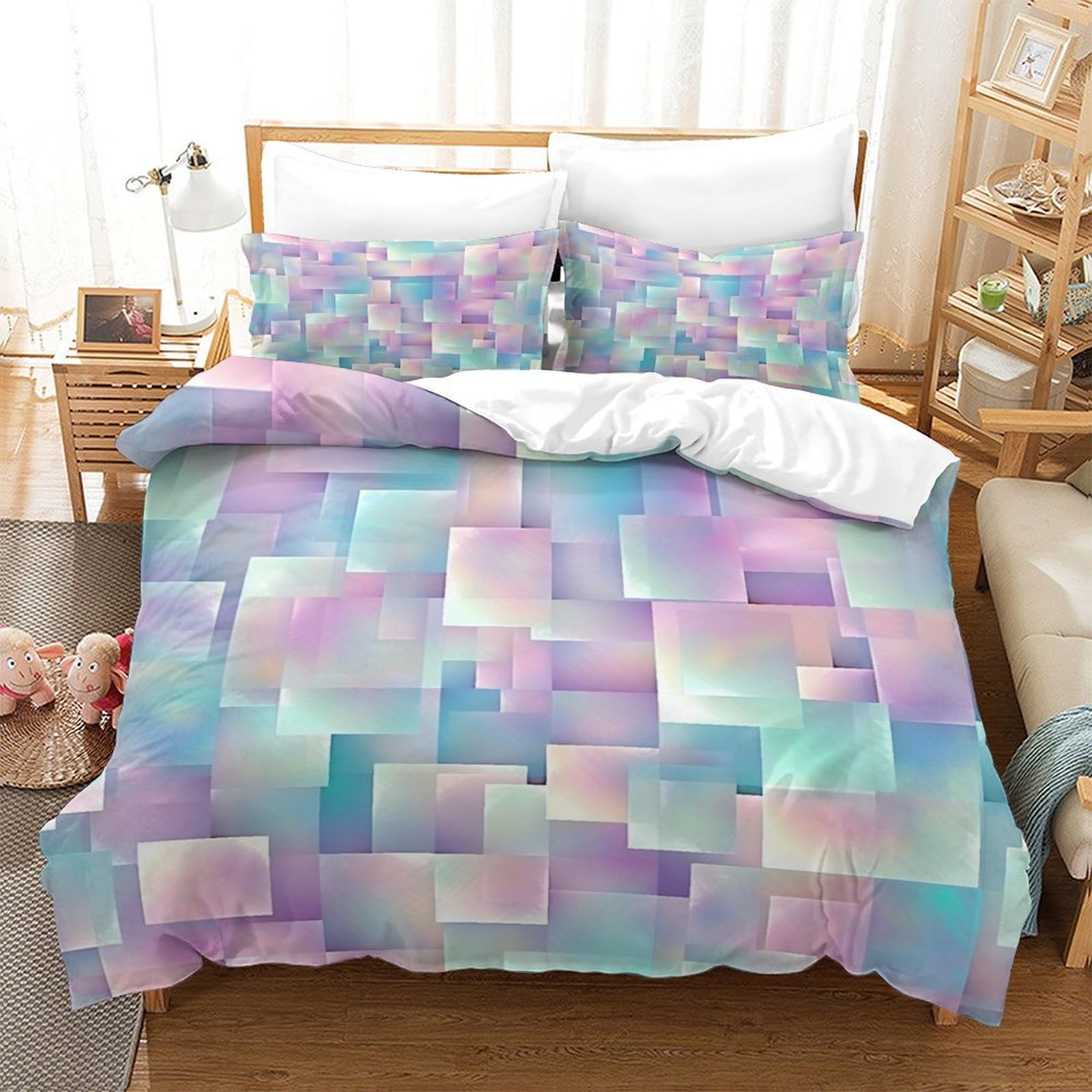 P1S9U7W5Y Pastel Geometric 3D Printed Duvet Cover Set 3pcs Microfiber Gradient Bedding Set Single（140x200cm）