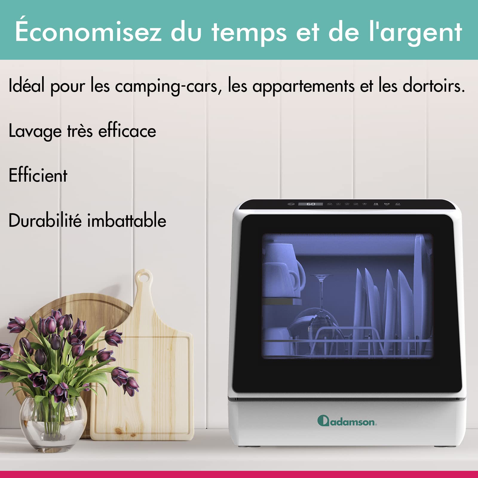 Mini Lave-vaisselle Portable Adamson A30 - Nouveauté - Parfait pour Appartement ou Camping-car - Sans Arrivée d'Eau avec 5 Programmes et Jet Haute Pression - Garanti 5 Ans