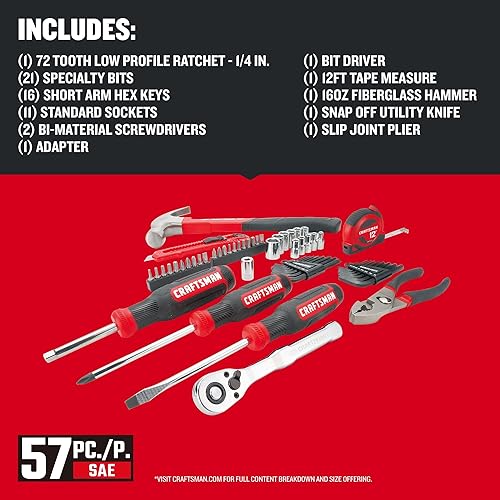 Miniatura 3 de CRAFTSMAN Juego de herramientas mecánicas de 57 piezas, juego de herramientas para el hogar, enchufes, trinquete, destornilladores, martillo,