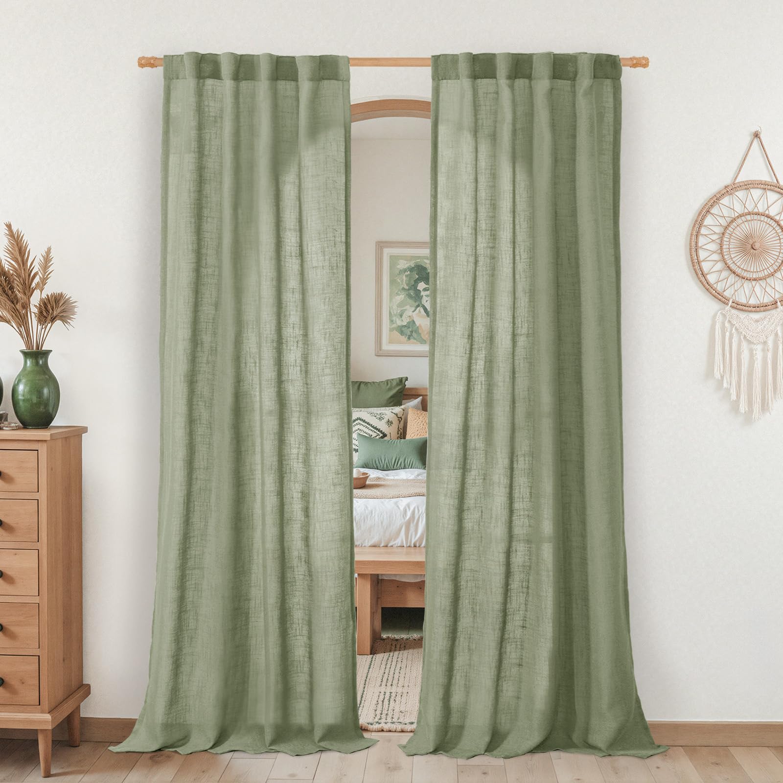 LAMIT Sage Green Linen Boho Curtains 80 inch Length 2 Panels, Light Filtering Semi Sheer Panels Back Tab and Rod Pocket Neutral Drapes for Bedroom/Living Room, 34 x 80 Inch โ image 1