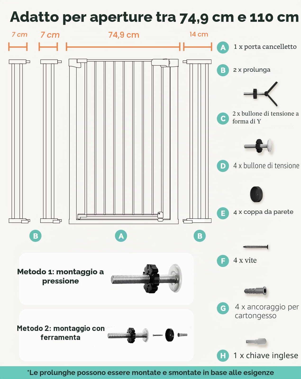 COMOMY Cancelletto extra alto da 106,7 cm per scale, adatto per aperture da 74,9 cm a 110 cm di larghezza, chiusura automatica robusta, cancello di sicurezza per cani, montaggio a pressione, facile