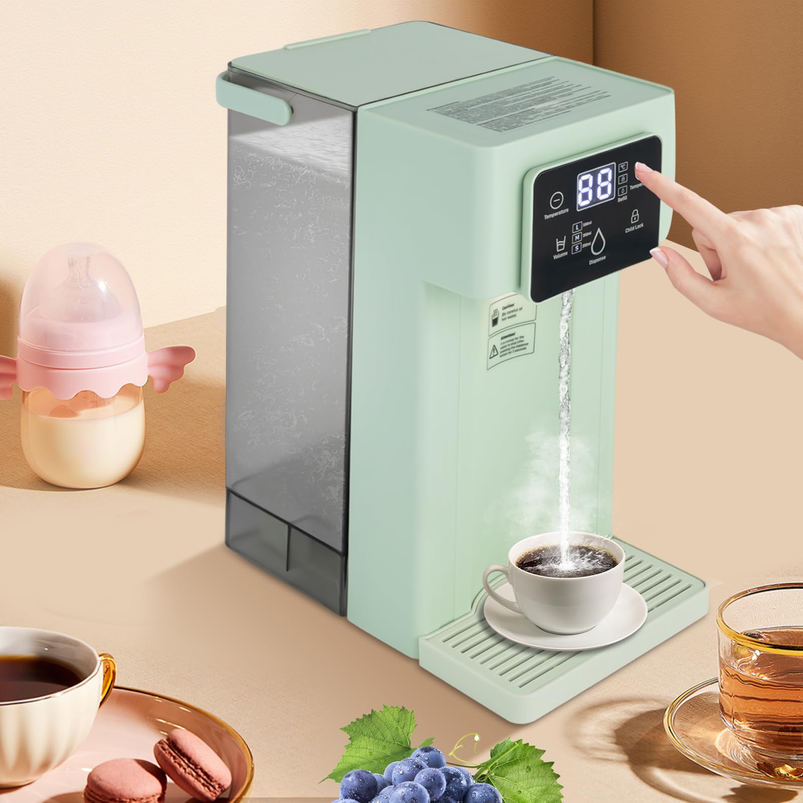 DYNAMI Instant Hot Water Dispenser,1500W 3L Countertop Water Boiler & Warmer for Tea, Coffee,Adjustable Water Temperature and Water Output Volume W/Child Locks&Night Light (Green)