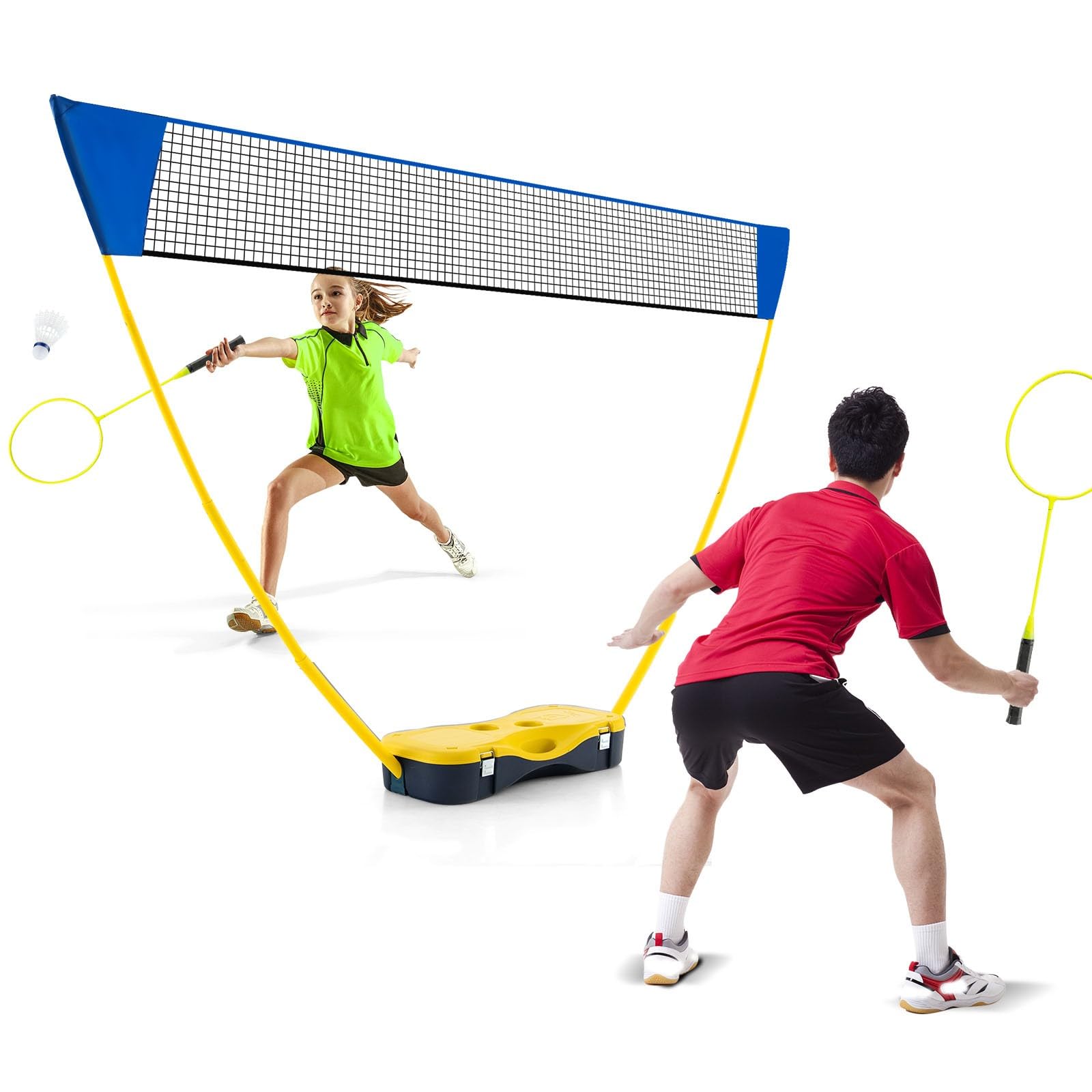 LIFEZEAL Tragbares Badminton Set, Badminton Netzständer mit freistehender Basis, Badminton-Übungsgerät mit Schlägern, Federbällen, Netz & Aufbewahrungsbox, für Badminton Tennis Volleyball