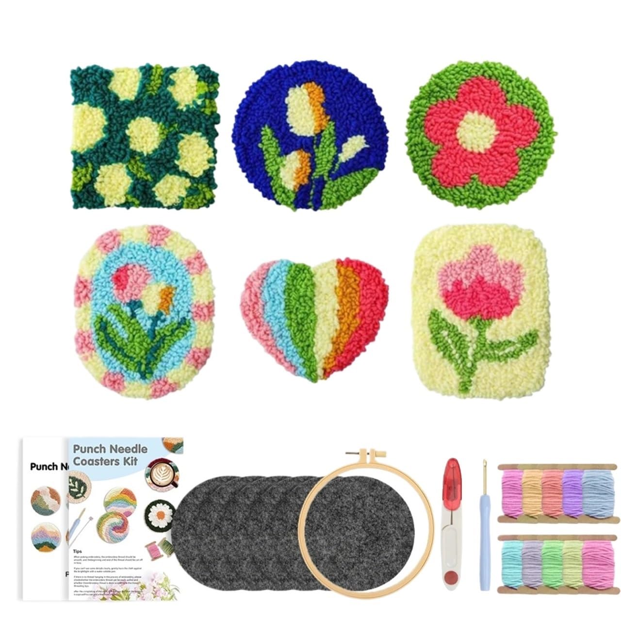 1set 6pcs/Set DIY Punch Needle With Coasters Kit Complete Embroidery Starter Set For Beginners for DIY(Color1)