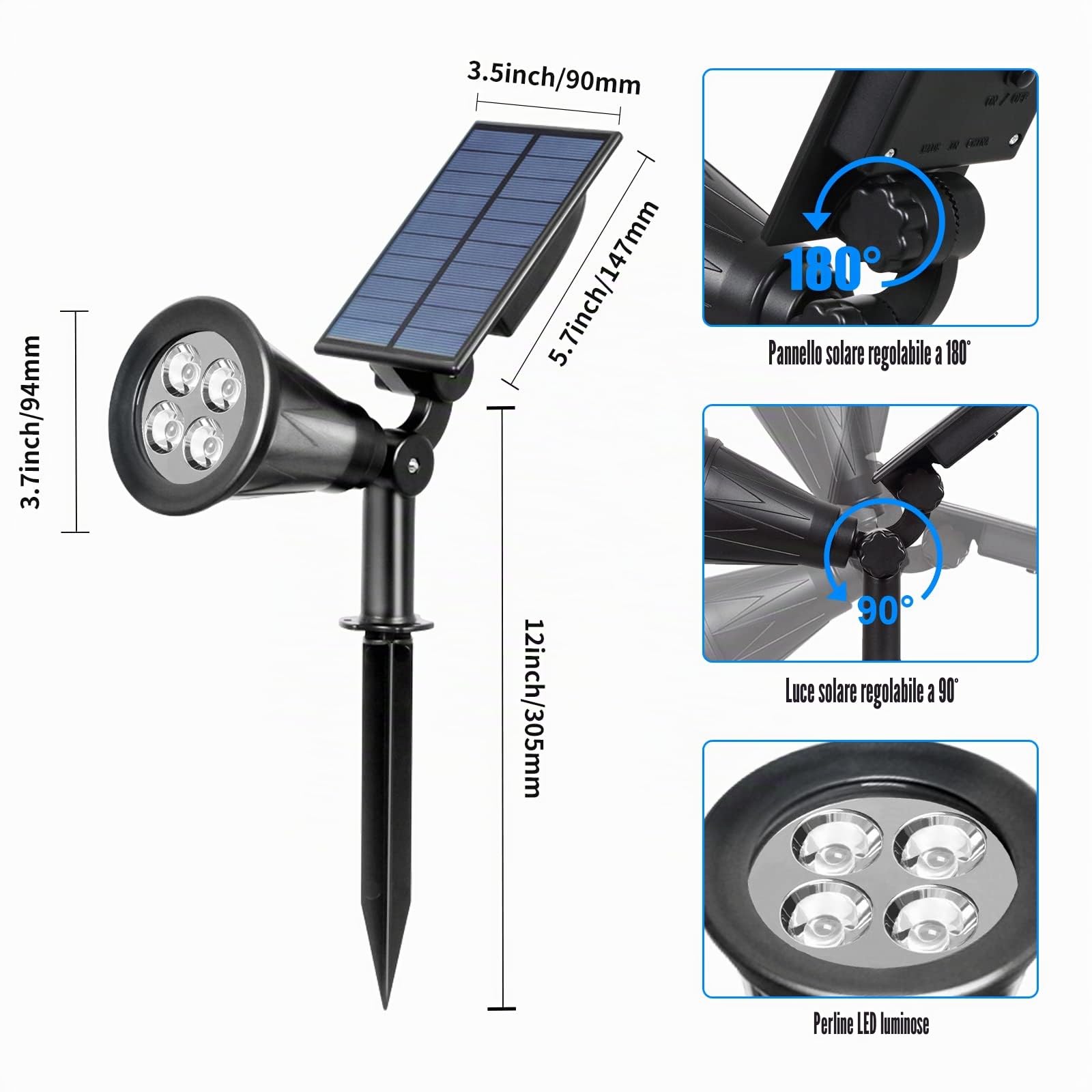 T-SUN (2 Pack) Faretto Solare, Luci Solari Per Esterni Impermeabili, Luce da Giardino 2 Modalità di Illuminazione Opzionali Angolo Regolabile di 180 ° Luce Solare Per Vialetto Percorso (6000K)