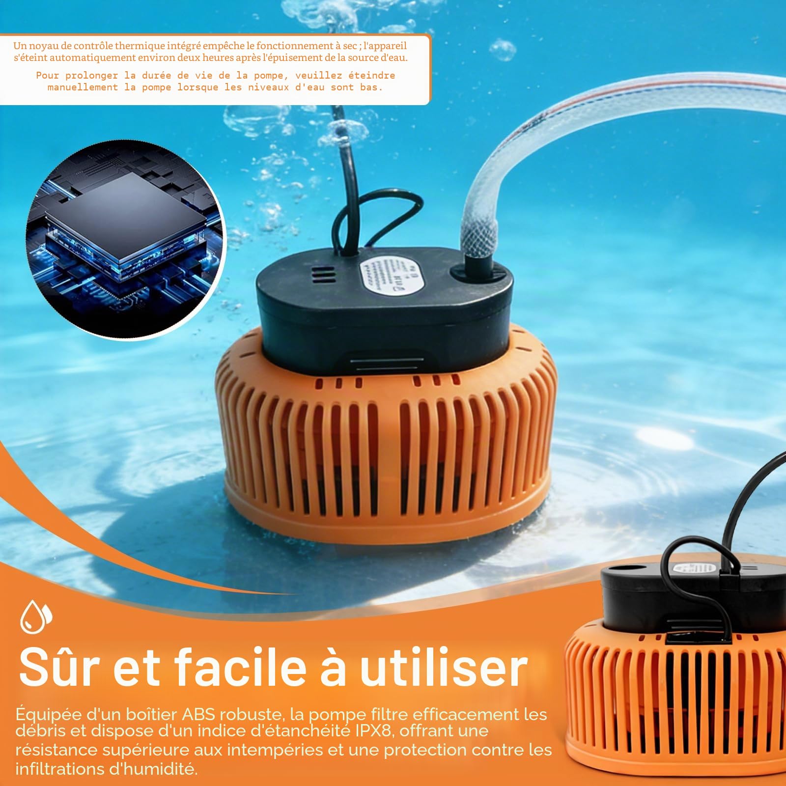 Pompe Submersible 75W, Pompe Vide Piscine 3200 L/H pompe de Couverture de Piscine avec Tuyau de 5 m et 6 Adaptateurs et Câble D'alimentation de 7,2 m Pour Piscines Caves Bassins