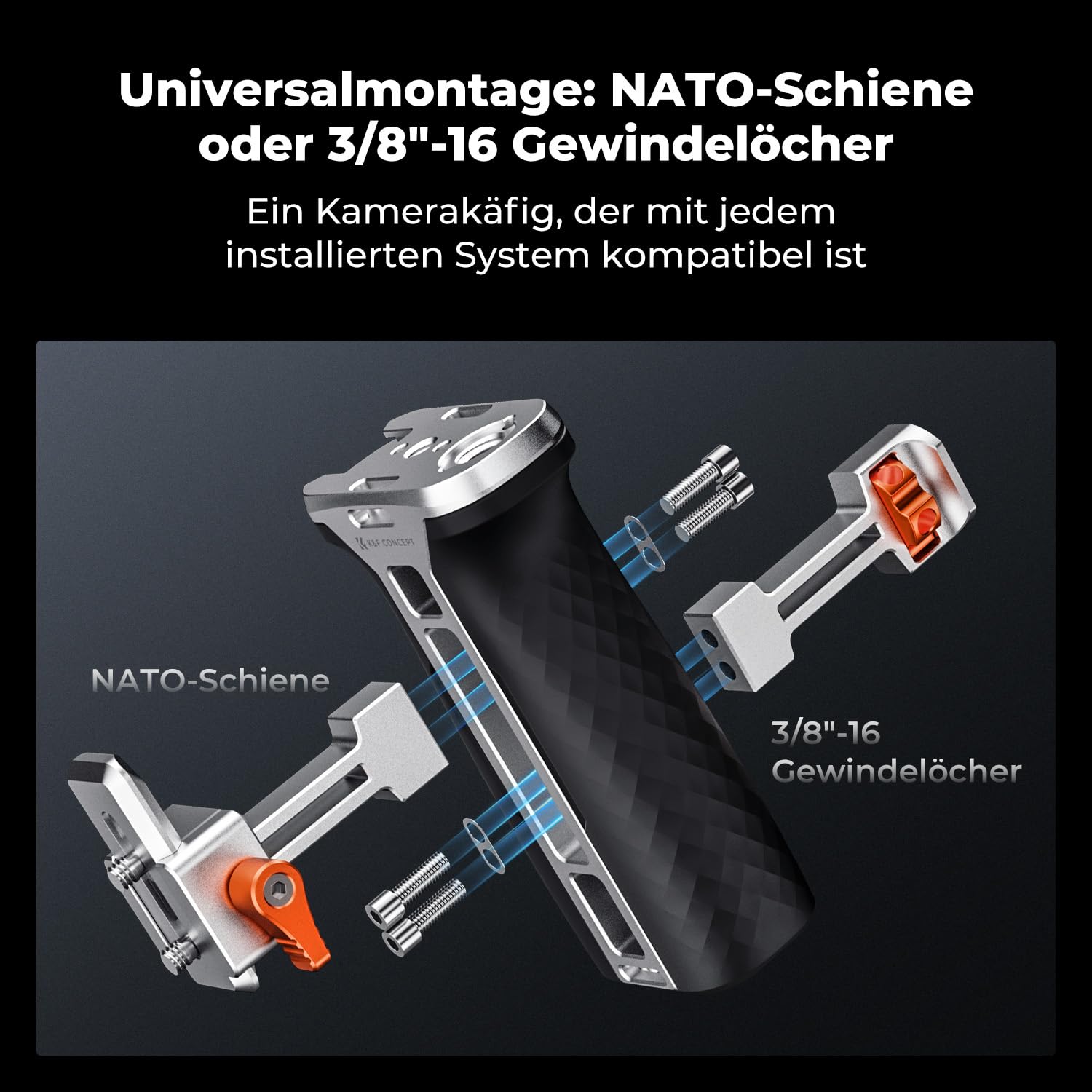 K&F CONCEPT Seitengriff für Kamerakäfige, Side Handle mit 3/8" Locating Schraube für ARRI und mit Schnellverschluss für NATO-Schiene,mit Kaltschuh und Gewindeloch,40mm nach Oben/unten verstellbar