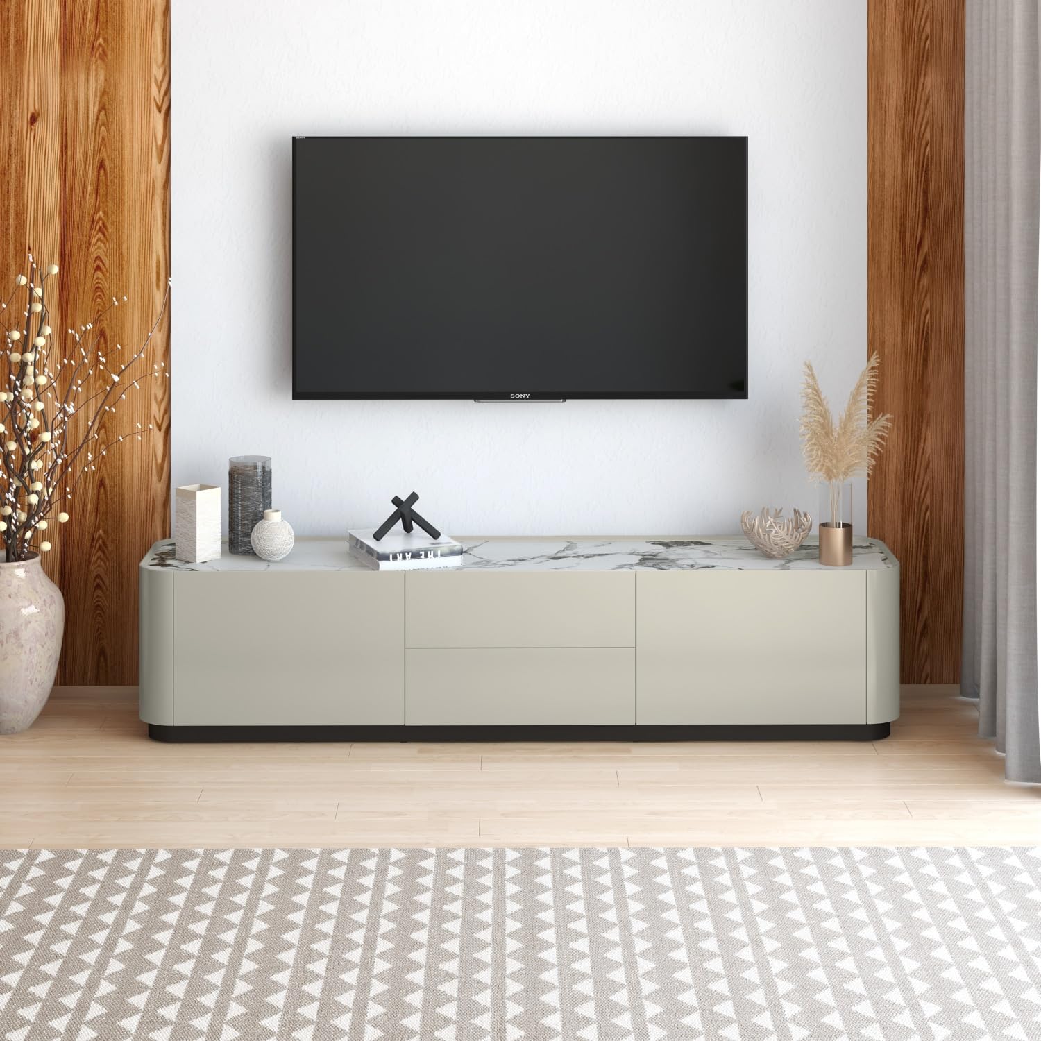 Levon Artisan Modern TV Unit with Sintered Stone Top & Soft-Close Storage Luxury Entertainment Console Matte Ivory Finish-image-14