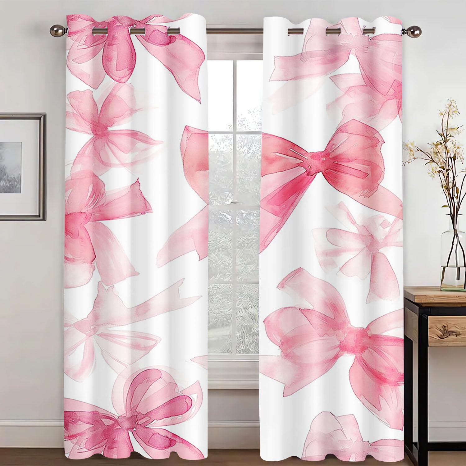 SHROUDEX Blackout Curtains with Tie-backs, 3D Pink Bow Children's Room Curtains, Colourful Butterfly Curtains for Living Room (3,220x215cm(2x110x215cm))