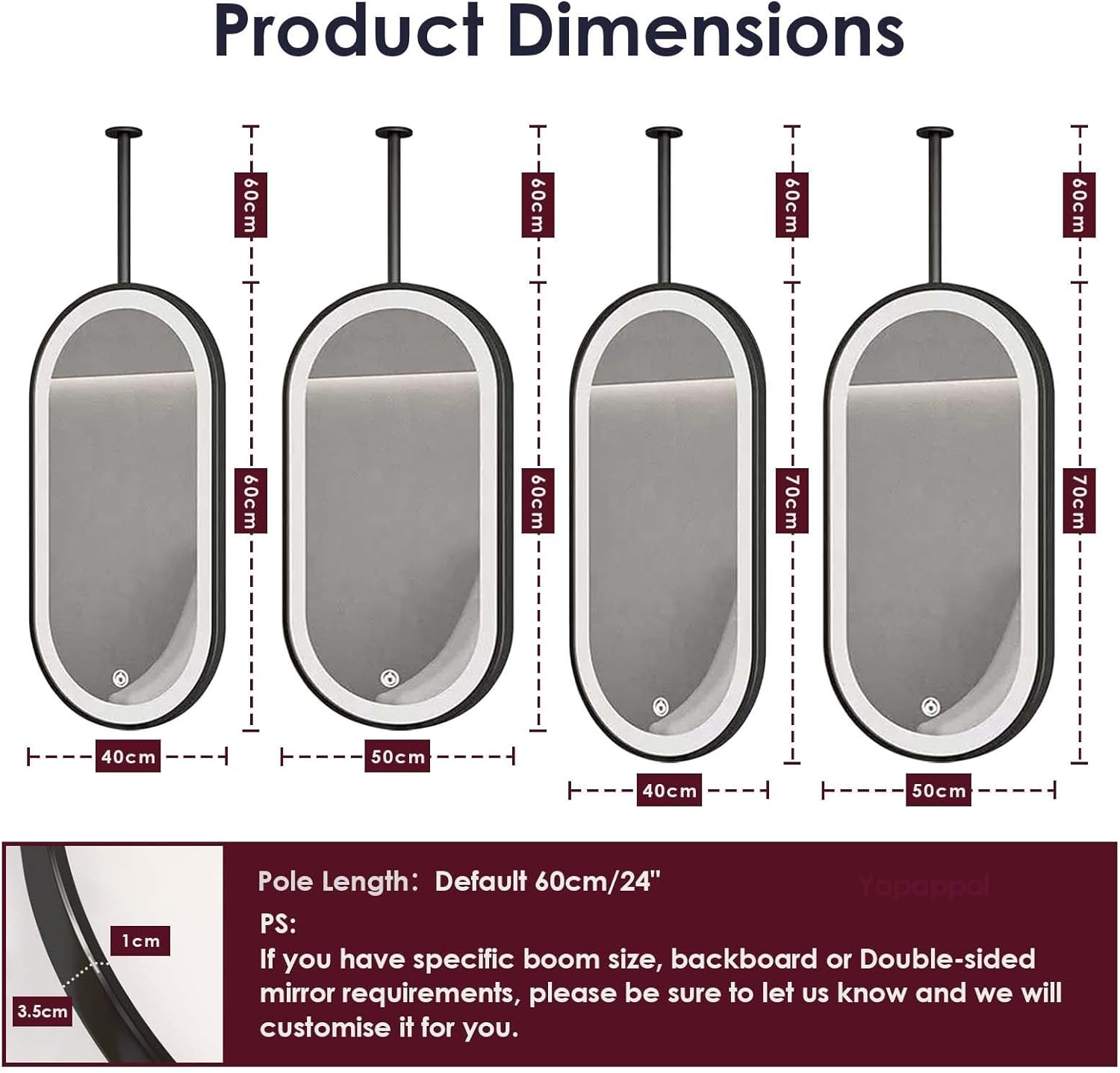 LEDライト付き天井吊り下げロッドミラー、バスルーム化粧台用ブラックメタルフレームミラー、3色調光可能垂直マウントウォール、自宅やホ
