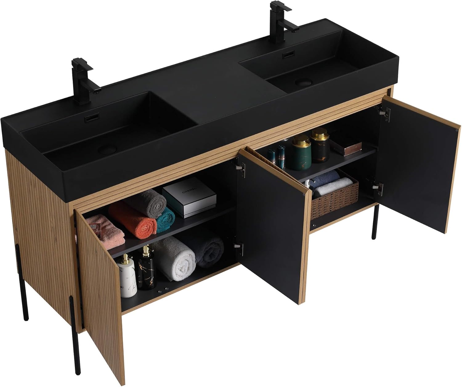 Fine Fixtures Crownpoint 60 Inch Bathroom Vanity with Sink, Black Double Sink, Bright Oak Finish, Full Assembly Required, Elegant Bathroom Vanities for Modern Homes