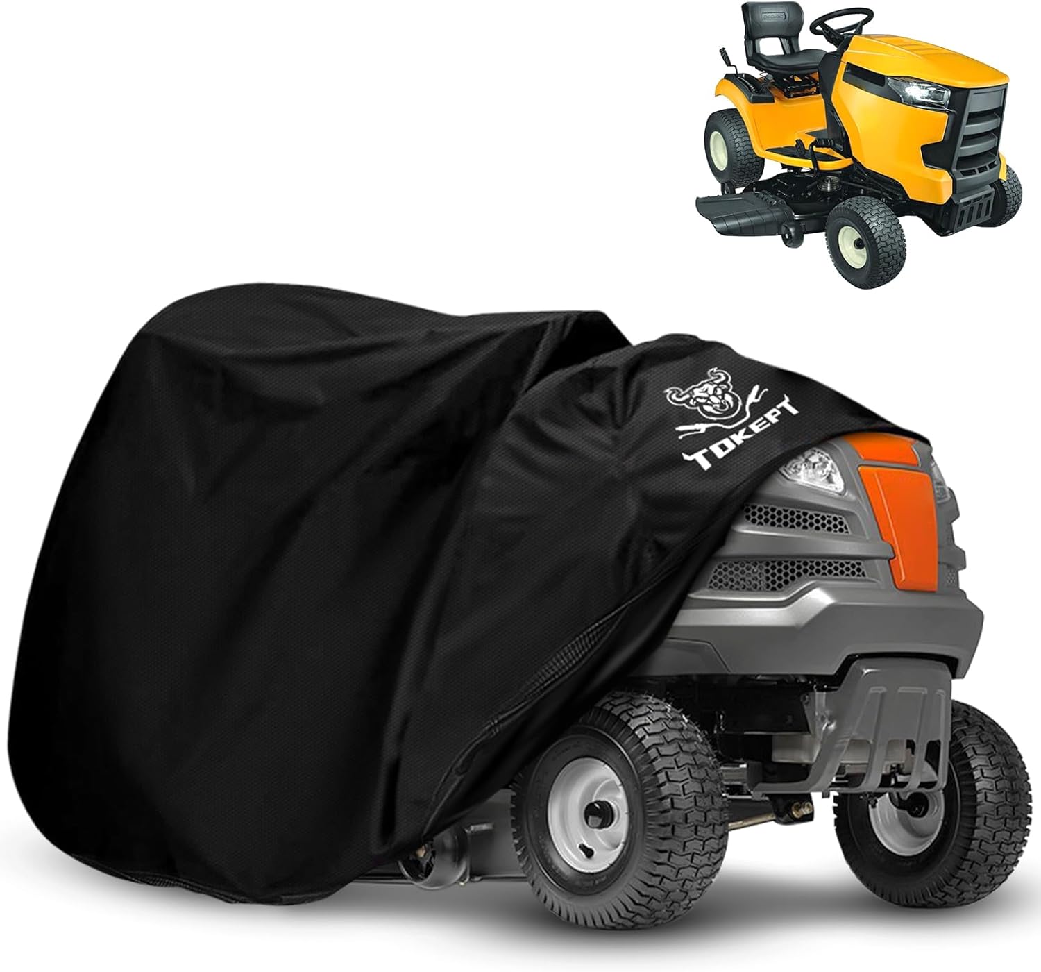 Riding Lawn Mower Cover, Heavy Duty Waterproof Tractor Cover with Wind Triangle Straps Fits Decks up to 54", Universal Garden Tractor 72"L x 54"W x 46"H (Black&Grey)