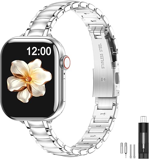 MioHHR Thin Metal Bands Compatible with Apple Watch Band Ultra 2 1 Series 10 9 8 7 6 5 4 SE 3 2 1,Slim Narrow Stainless Steel Strap for Women iWatch Bands 49mm 46mm 45mm 44mm 42mm 41mm 40mm 38mm