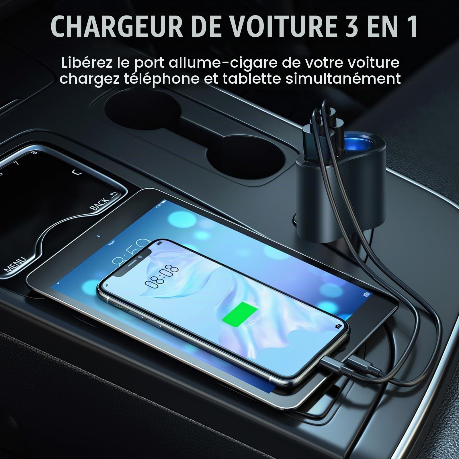 Chargeur Allume Cigare USB, 3 en 1 Chargeur Voiture 12V/24V 60W | Adaptateur Allume-Cigare Car Charger USB Type C Rapide 2.1A pour iphone 16 15 14 13 12 11 GalaxyS25 S24 GPS Dash Cam Tablette