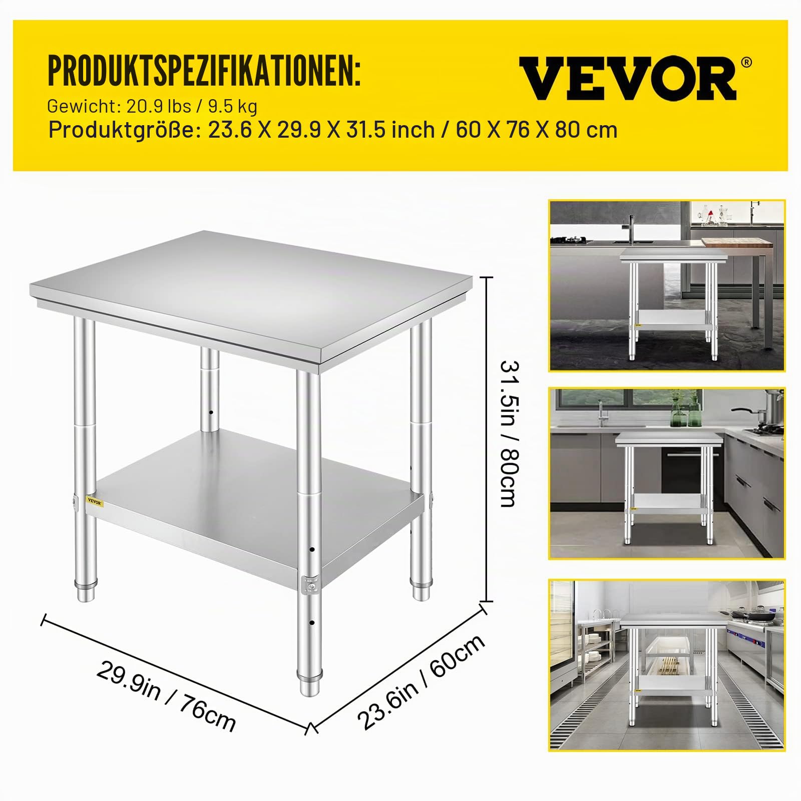 VEVOR Arbeitstisch Küche Edelstahl 60 x 76 x 80 cm Arbeitsplatte Küche in 2 Etagen Arbeitstisch aus Edelstahl für die Zubereitung von Speisen, Hotels, Büros, Krankenhäusern
