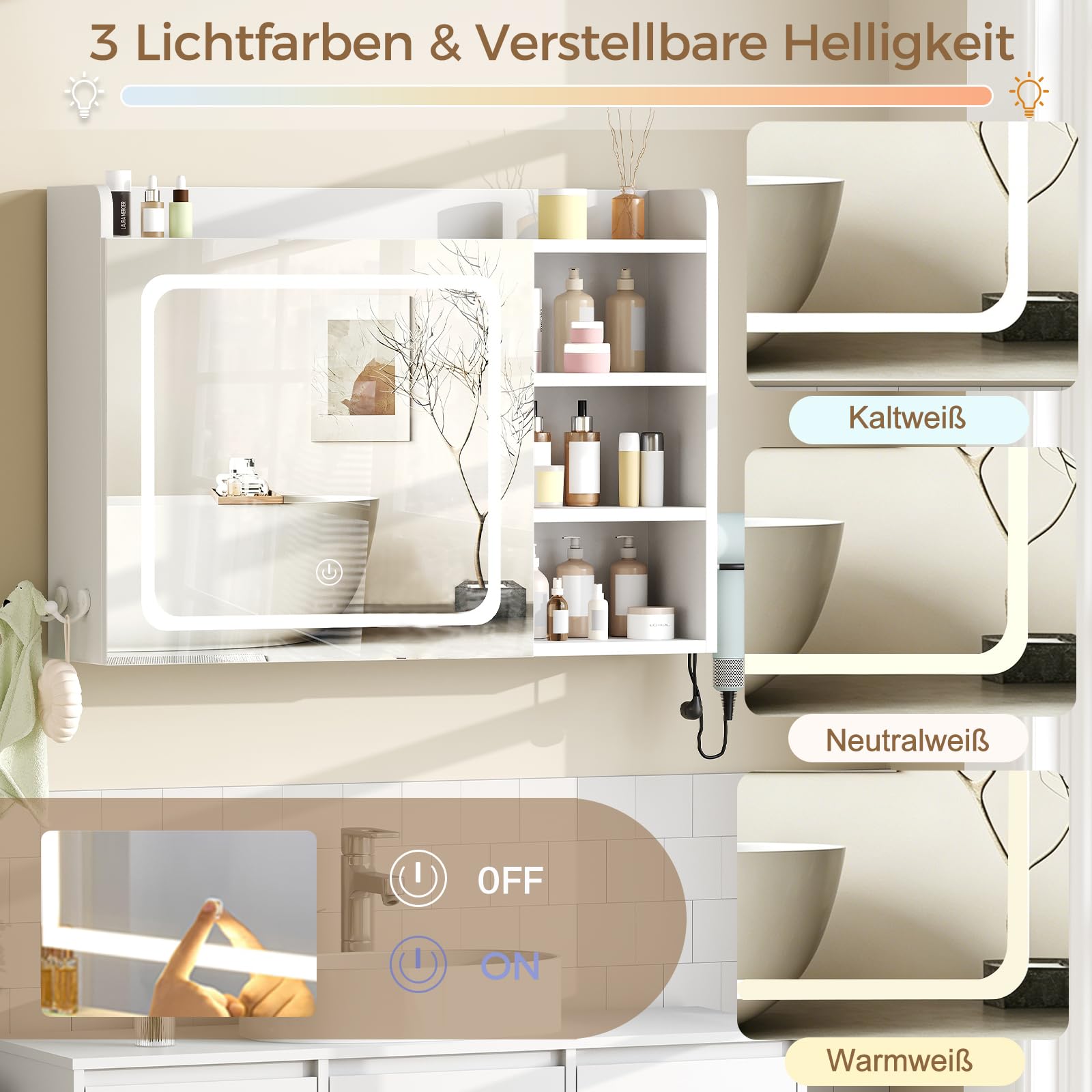 BEWISHOME Spiegelschrank Bad mit Beleuchtung,Badezimmer Spiegelschrank,Badezimmerschrank hängend mit 3 Farbtemperatur Dimmbare,verstellbare Ablagen und Föhnhalter Weiß 17.5 x 80 x 60 cm EYJG01W