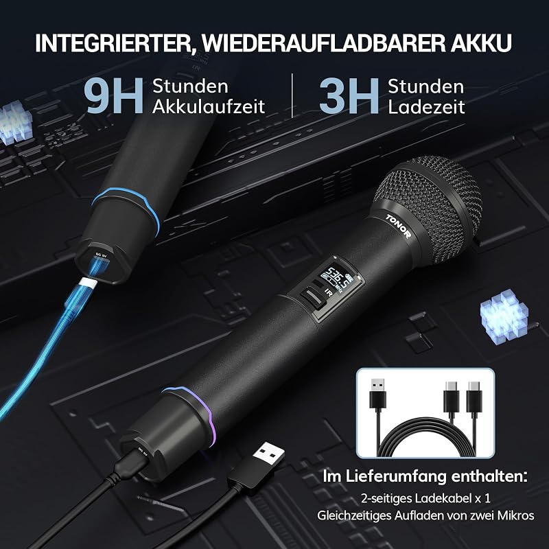 TONOR TW750 Vezeték Nélküli UHF Mikrofon Szett, 2 Tölthető Fém Mikrofon Fénygyűrűvel, 100m Hatótáv, Auto Scan Funkcióval Karaoke Partikhoz
